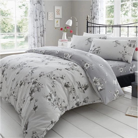 Set da letto BIRDIE BLOSSOM con coperta e cuscini, poliestere-lino, grigio, doppio (200 x 200 cm)