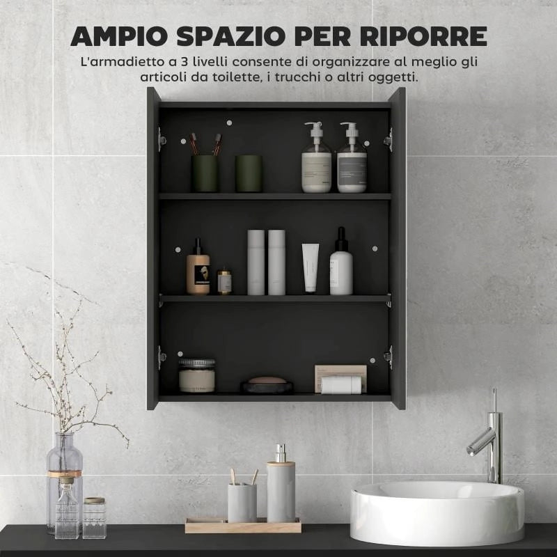 ARMADIETTO PENSILE BAGNO 2 ANTE CON SPECCHIERA E 2 RIPIANI INTERNI IN MDF, 60X15X75 CM, NERO