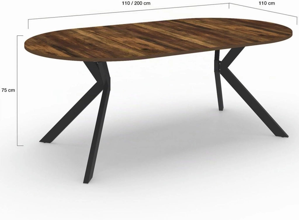 ALIX tavolo da pranzo rotondo allungabile 4-10 persone HAWKINS legno scuro e gamba a ragno nera 110-200 cm