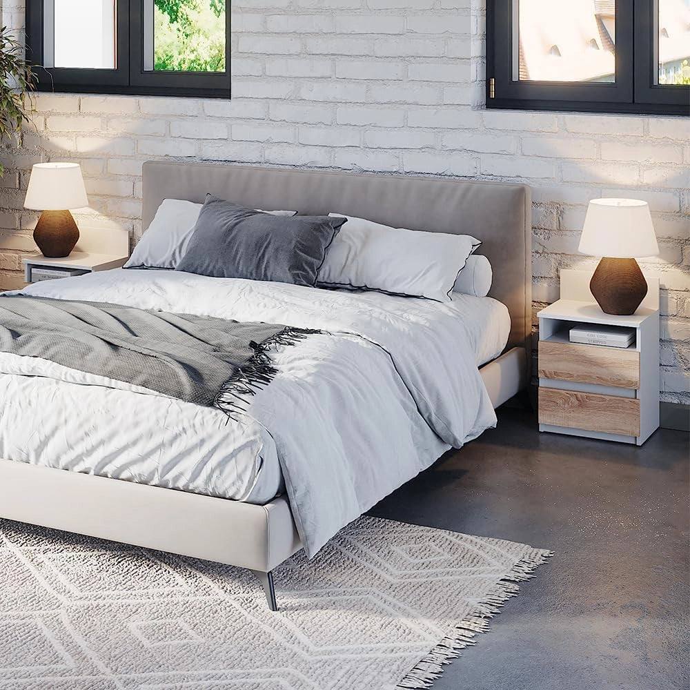 Comodino Monty, Bianco/Sonoma, 32.3 x 59.1 cm con 2 cassetti