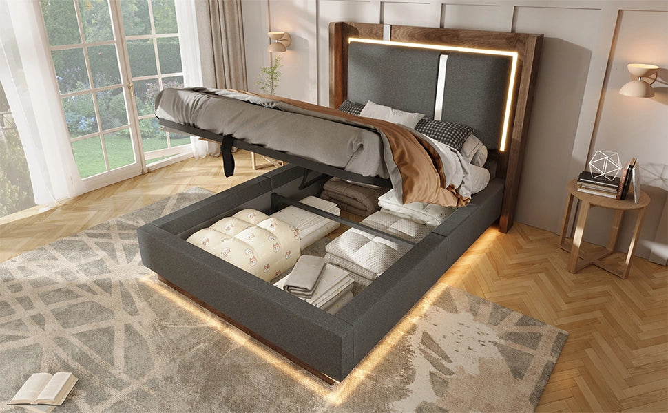 Letto contenitore 90 × 200 cm con LED, vano idraulico, senza materasso, in lino, grigio e noce