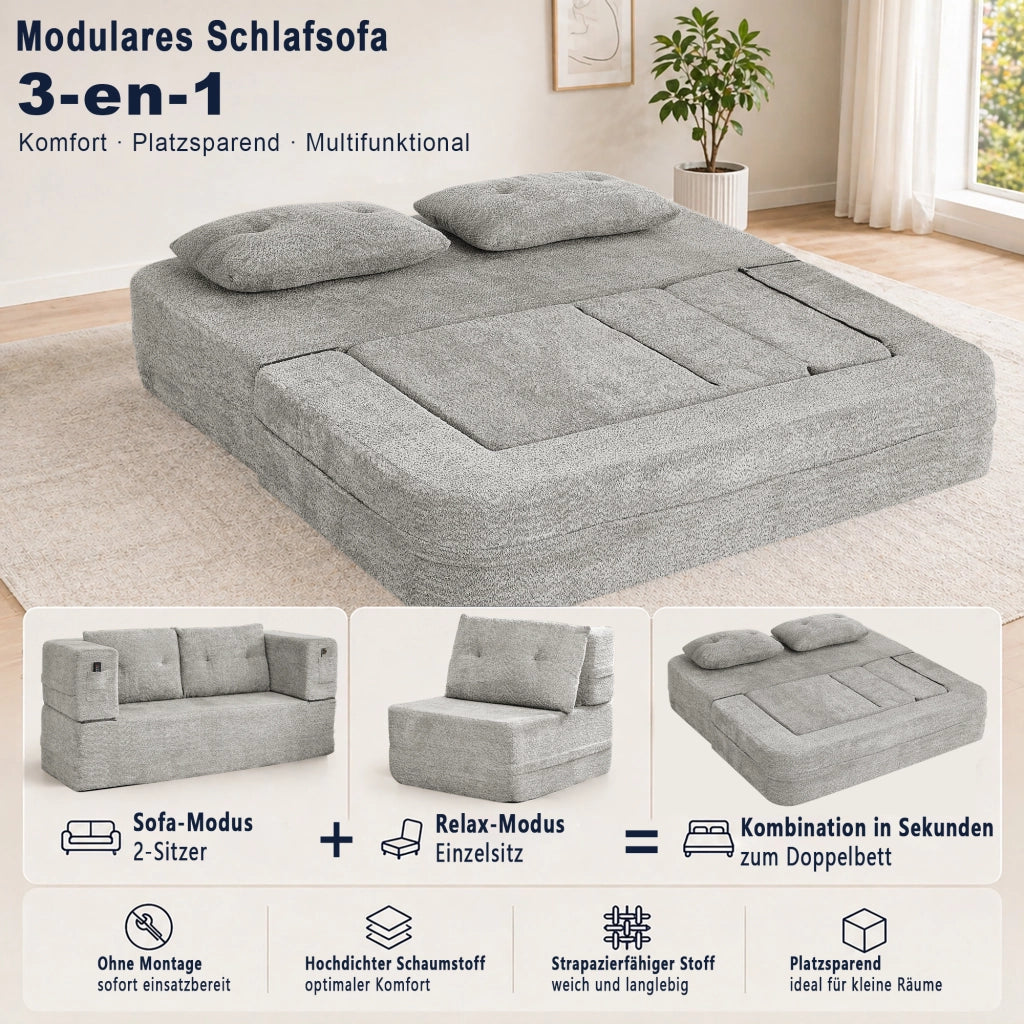 Divano modulare letto in tessuto con tasche laterali e schienale reclinabile, grigio chiaro 199 × 194 × 39 cm