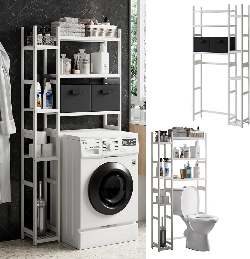 Mobiletto per lavatrice Bilbao, Bianco, 78.5 x 163 cm con 2 cassetti in pile, Ripiani aperti per detersivi, asciugamani e accessori