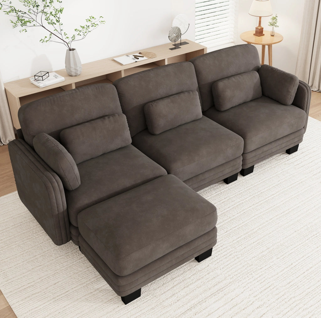 Divano modulare in ciniglia marrone con pouf separato e cuscini mobili