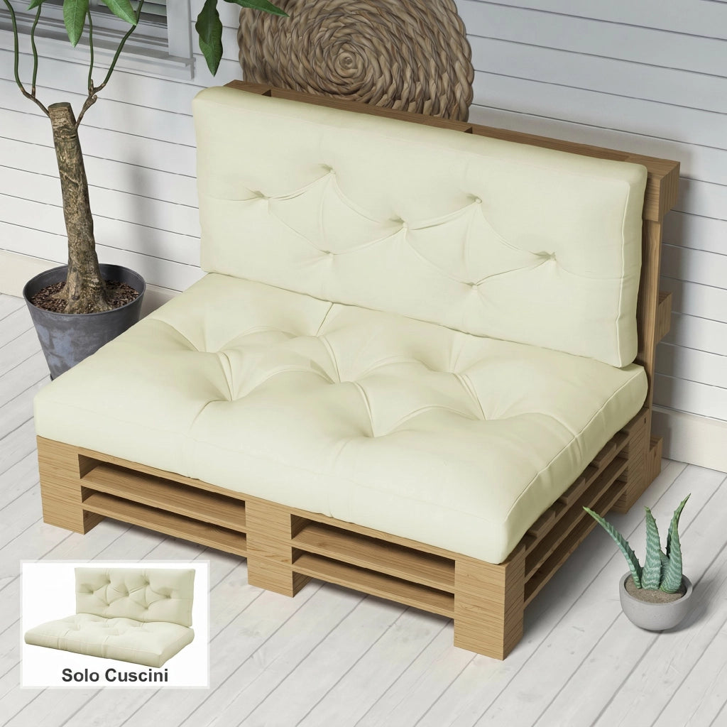 Set 2 Pezzi Cuscini da Giardino per Divani e Pallet in Poliestere con Imbottitura Spessa. Crema
