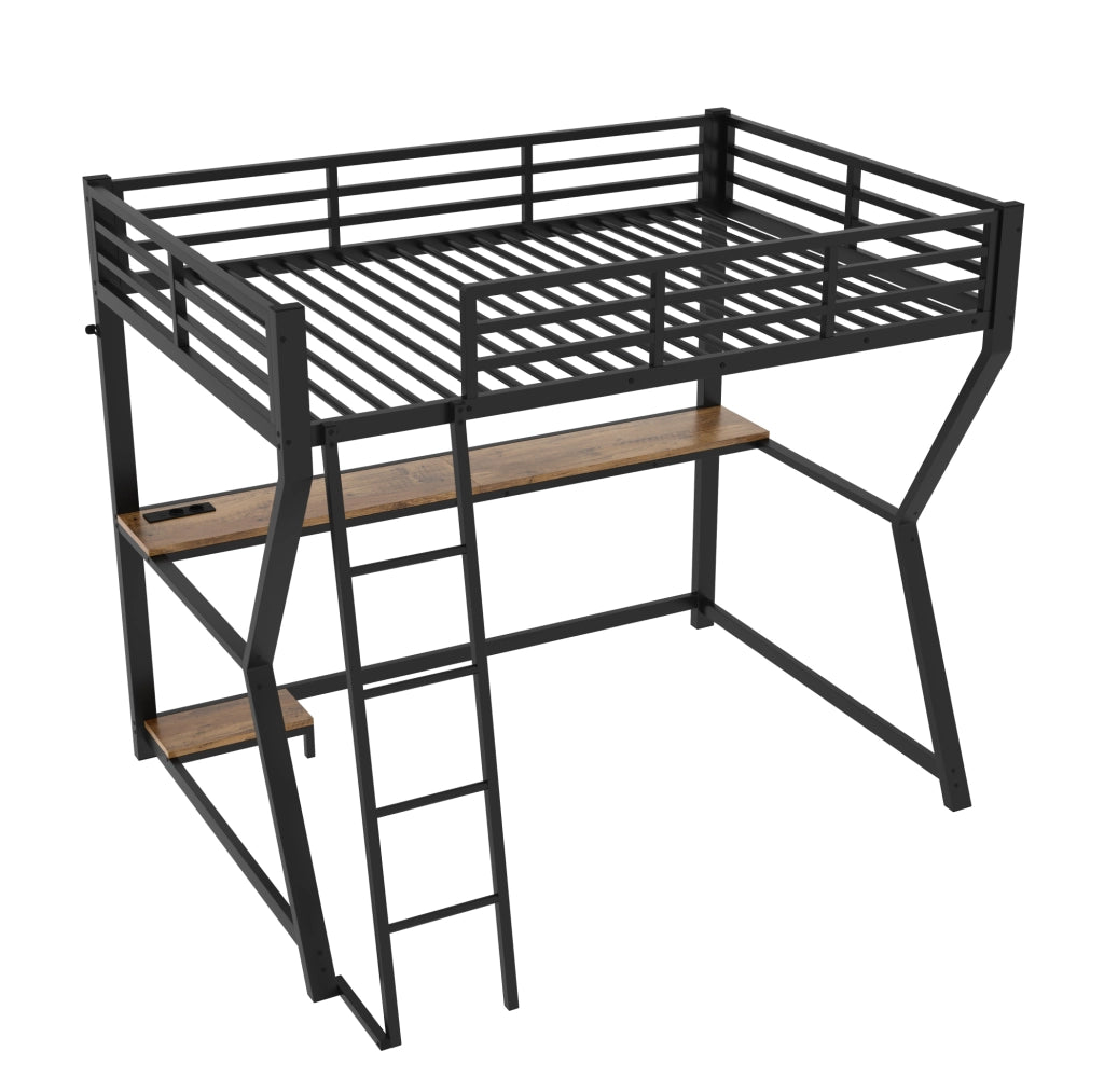 Letto a soppalco 90x200 cm con LED; scrivania e prese USB; metallo nero (Senza materasso)