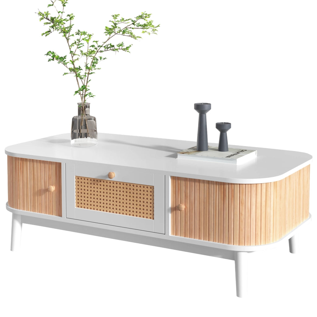 Tavolino da caffè 110x55x38.5 cm; con ampio spazio contenitore; MDF; bianco e colore naturale