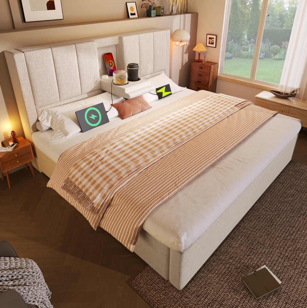 Letto matrimoniale 140x200 cm imbottito in lino beige con materasso; contenitore e ricarica USB