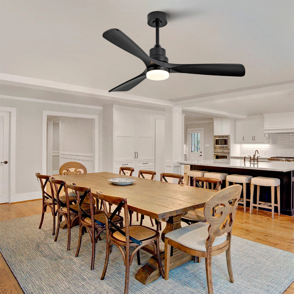 Ventilatore da soffitto in legno massello 52 pollici, 3 pale a spirale completamente nere, motore DC reversibile silenzioso, design moderno