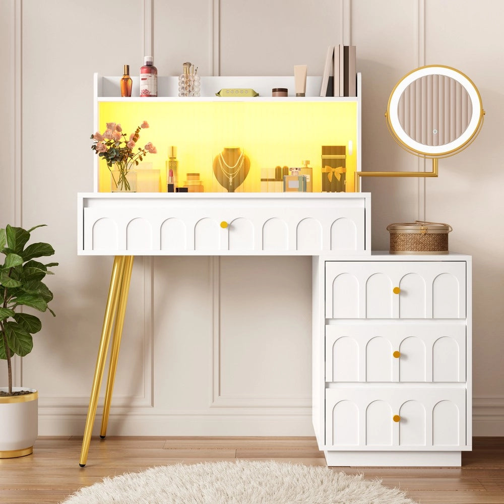 Tavolo Trucco con Specchio LED Girevole e Ante Scorrevoli in Vetro ¨C Xylo ¨C Bianco, 4 Cassetti, 112x40x116 cm