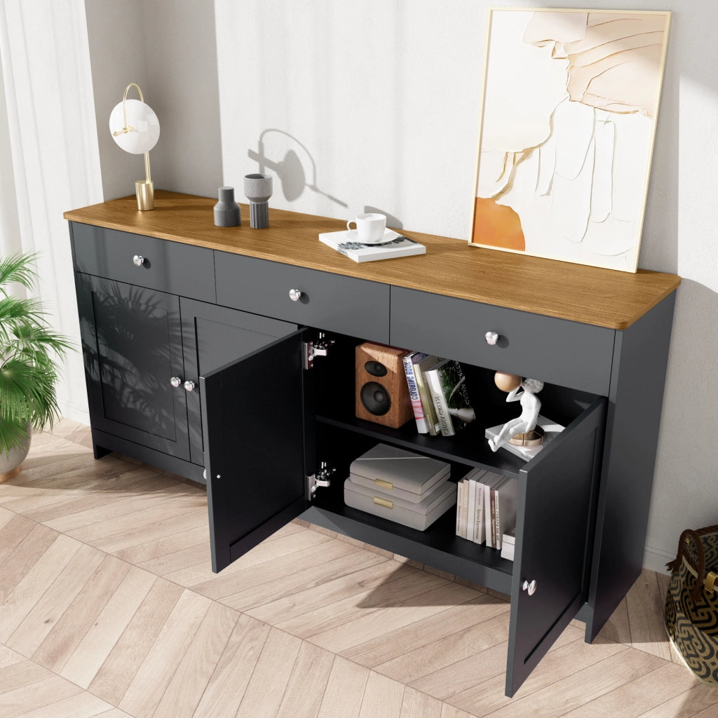 OKWISH Credenza con 4 ante e 3 cassetti, ripiani regolabili, stile country, MDF, nero e grigio, 160 x 37 x 75 cm