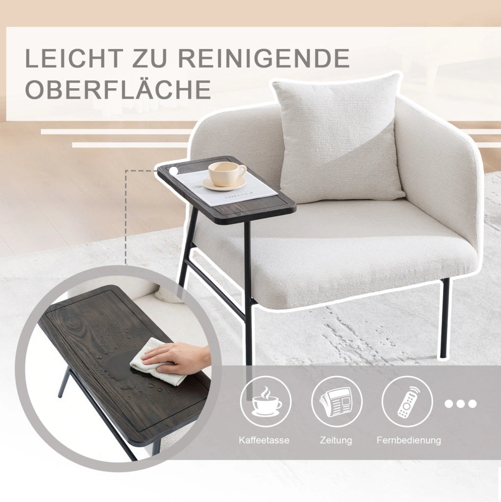 Poltrona relax con tavolino laterale e tasche portaoggetti; in chenille beige; 86x72x71 cm