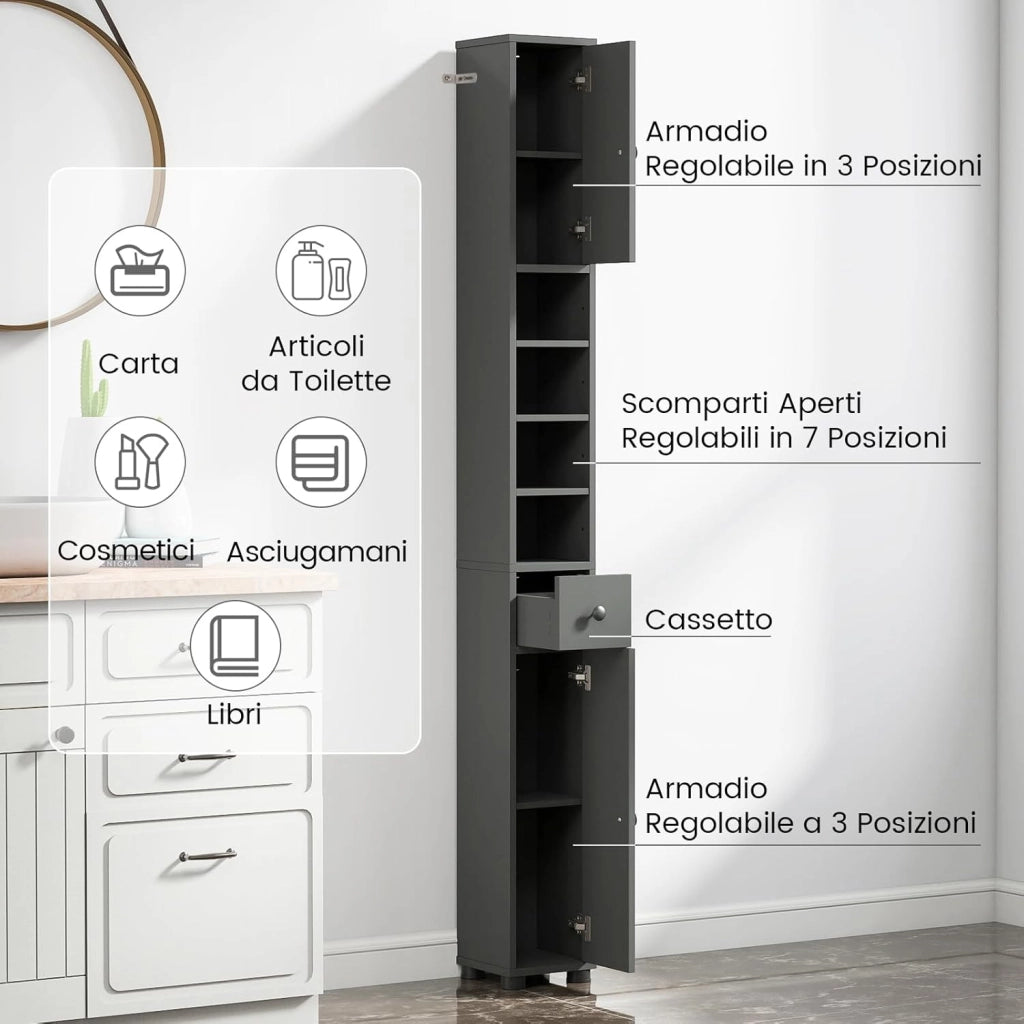 Mobile Bagno Alto Stretto, Mobiletto Colonna Salvaspazio con 1 Cassetto, 5 Ripiani Regolabili e Struttura Antiscivolo, Mobile a Terra per Ingresso, 20 x 20 x 180 cm (4 Ripiani, Grigio)