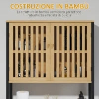 Mobile Sopra WC con Armadietto 2 Ante a Doghe e Ripiano Aperto, 60x21.5x172cm, Colore Legno