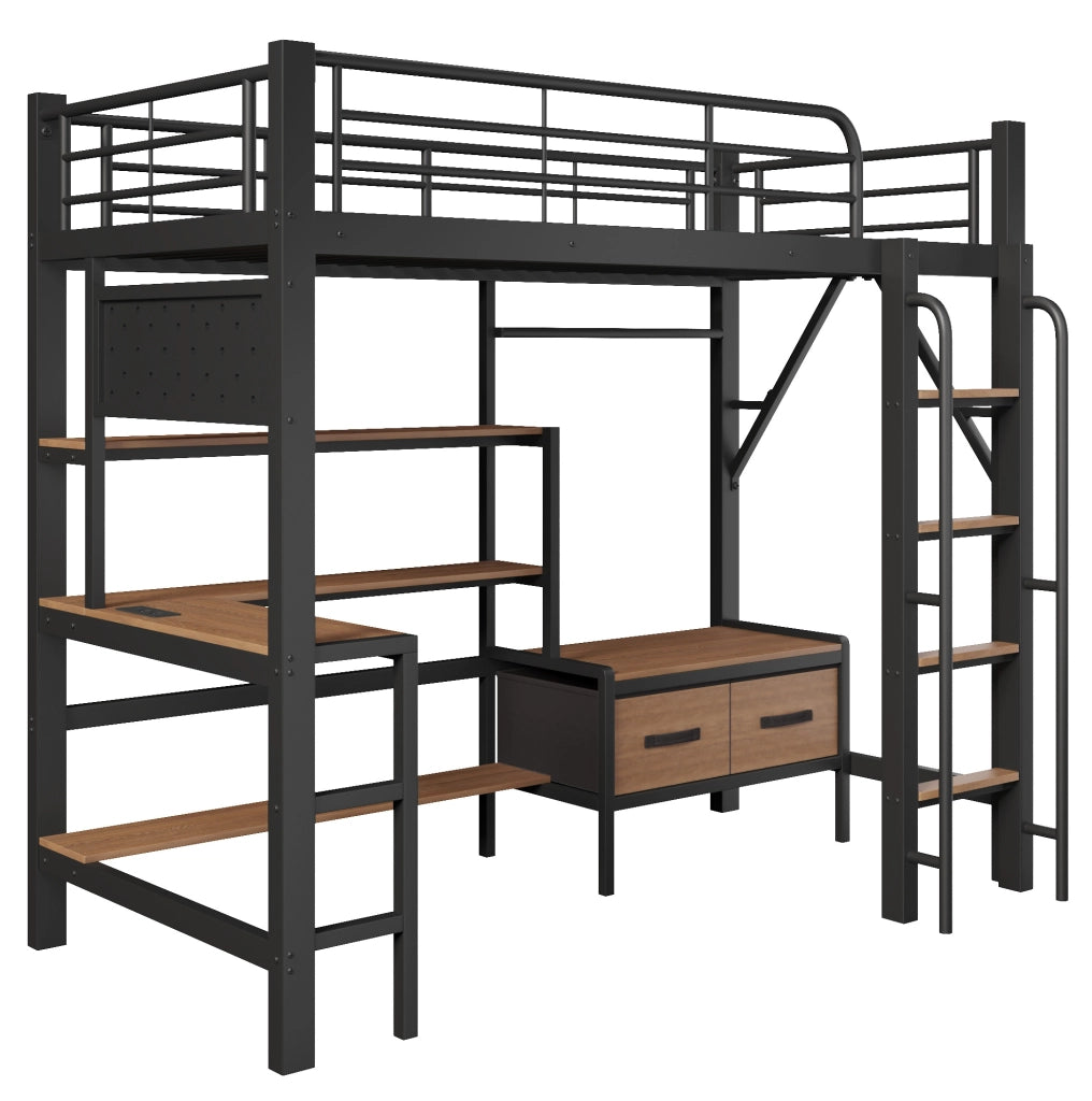 Letto a soppalco 90x200 cm con scrivania; ripiani; LED e USB; nero