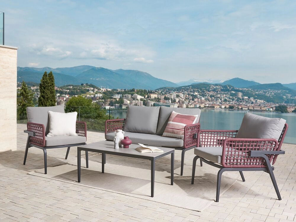 Set Divano da Esterno Grigio per 4 Persone Struttura in Alluminio Divano Poltrone con Cuscini in Tessuto Tavolino Design Moderno