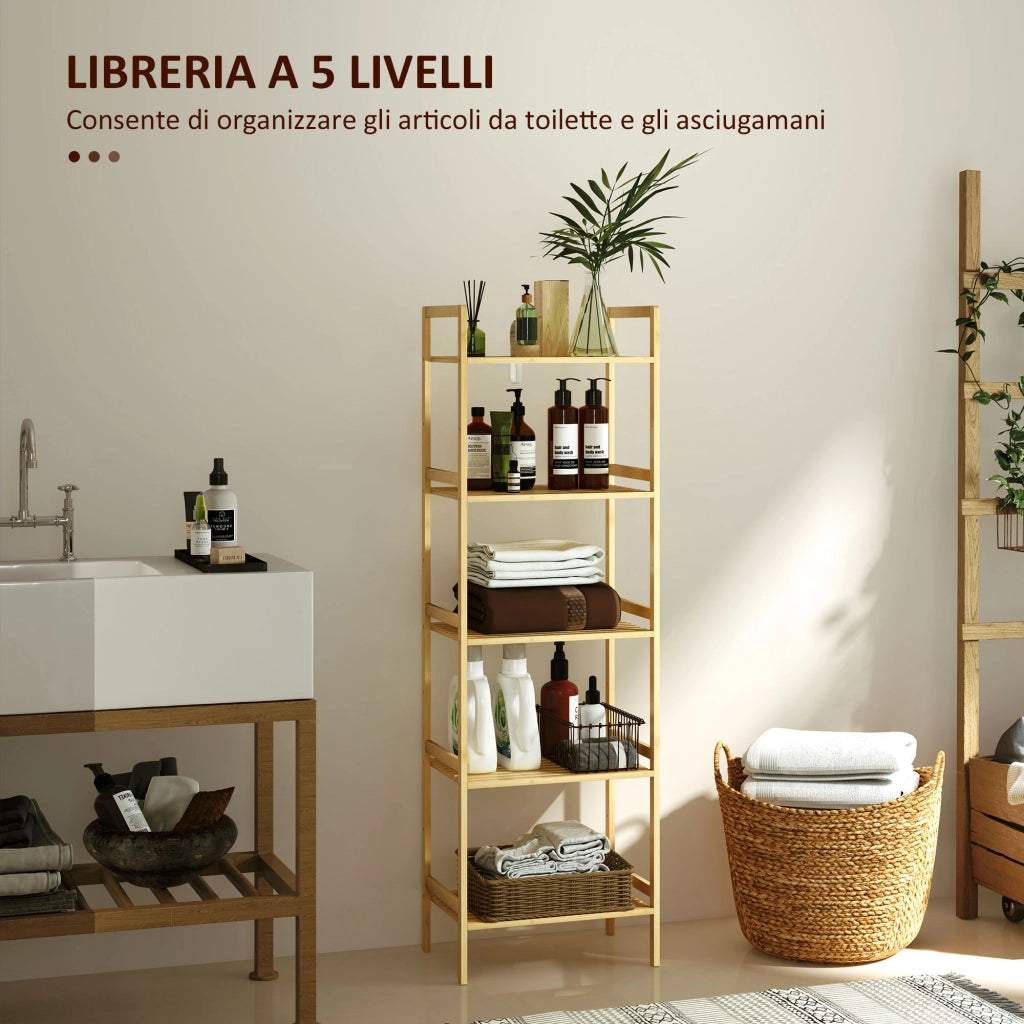 Scaffale Bagno a 5 Ripiani Regolabili in Altezza in Bamb¨´, 43.5x31.5x142 cm, Legno Naturale