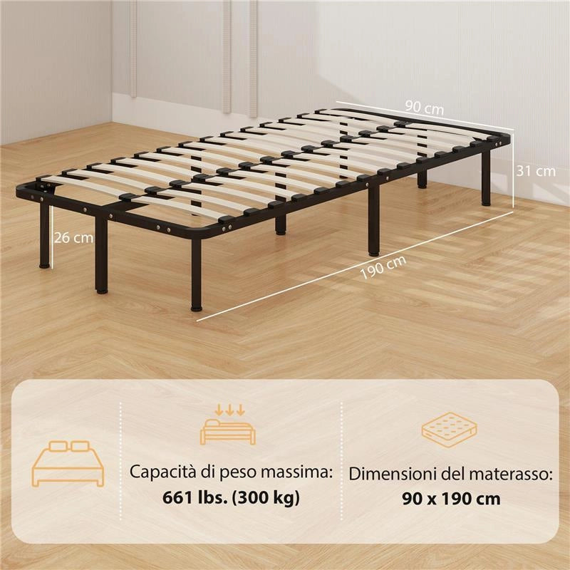 STRUTTURA LETTO INDUSTRIALE A 28 DOGHE CON SPAZIO CONTENITORE, IN LEGNO E ACCIAIO, 190X90X31 CM, NERO E LEGNO