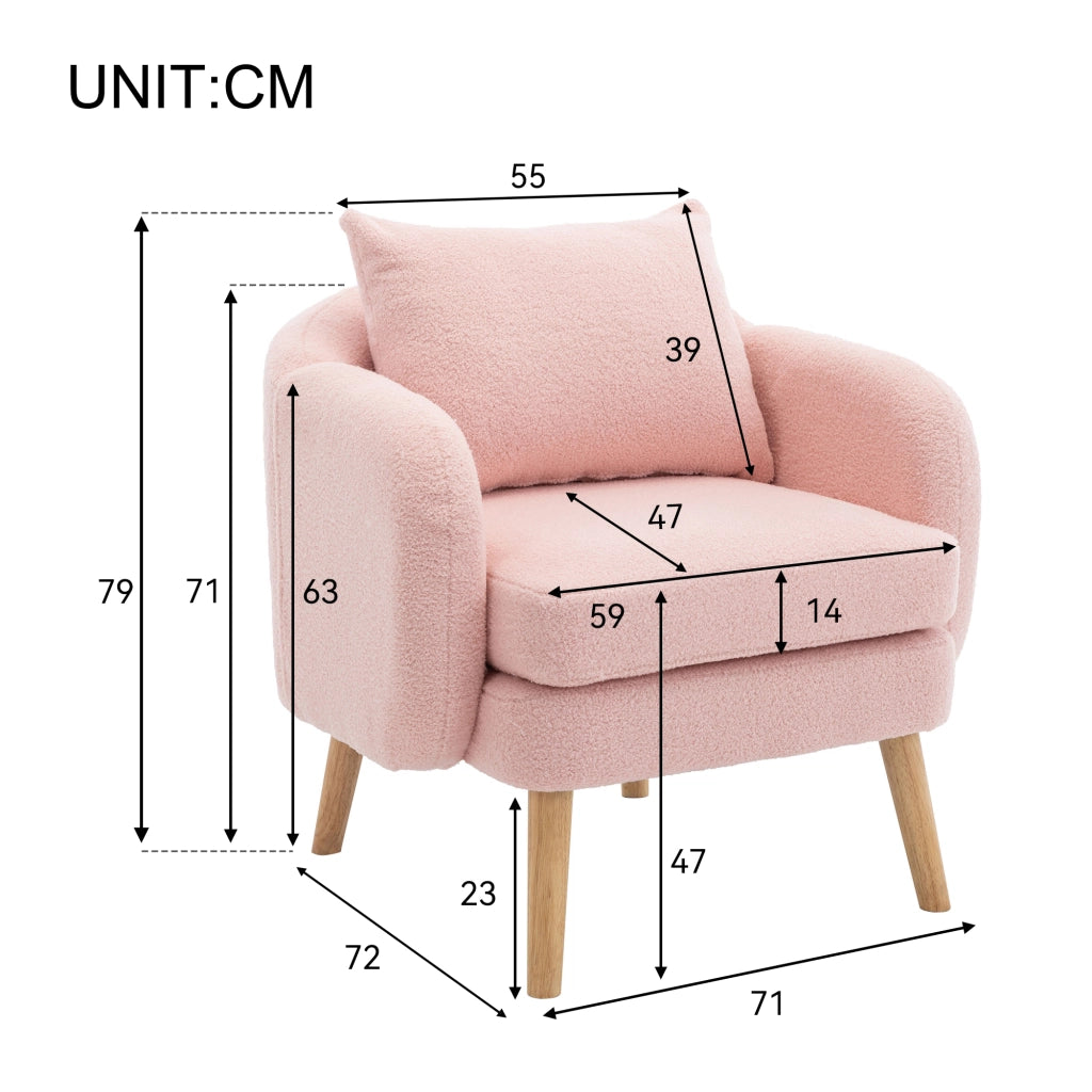 Poltrona in tessuto teddy con cuscino lombare e seduta spessa 14 cm in legno massello rosa per relax quotidiano