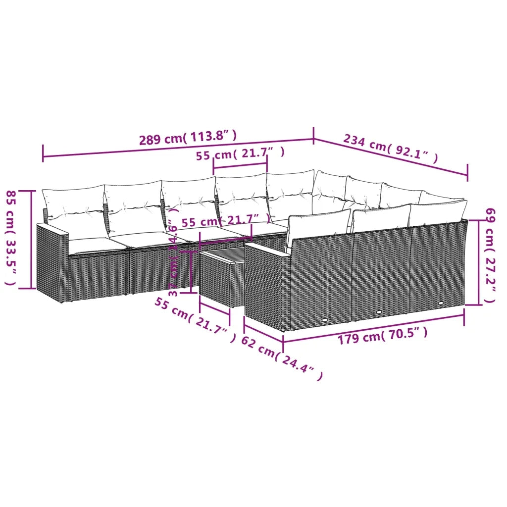 Set Divani da Giardino 11 pz con Cuscini Beige in Polyrattan 3258747