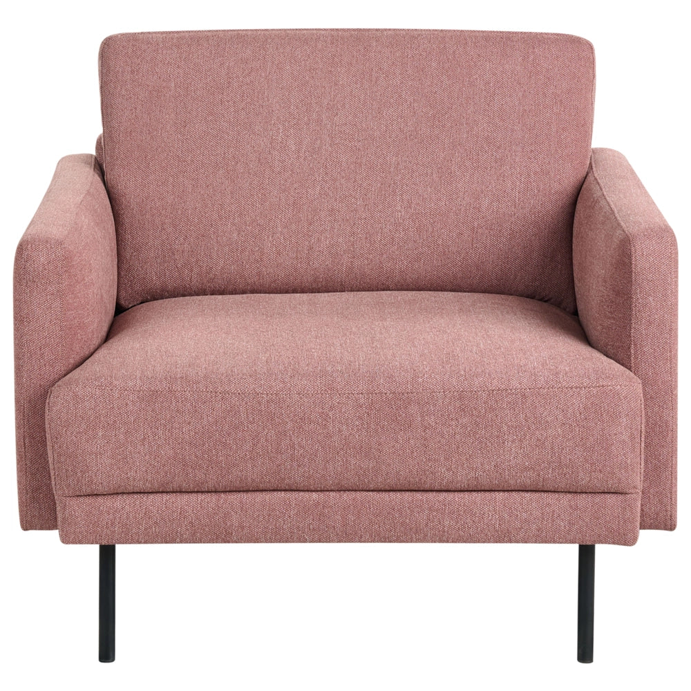 Poltrona moderna imbottita in tessuto rosa con gambe in metallo stile moderno e minimalista
