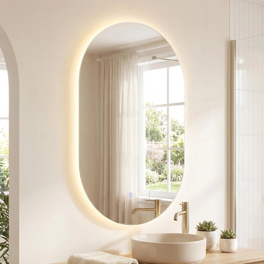 Specchio Bagno con Luce 80 x 50 cm, Specchio Ovale da Parete in Vetro Temperato IP44 con 3 Colori Dimmerabile, Antiappannamento, Memoria, Orizzontale/Verticale (80 x 50 cm, Modello 2)