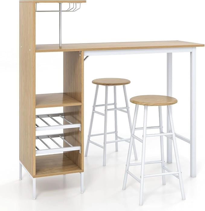 Set 3 Pezzi Tavolo e Sedie da Bar, Tavolo e Sgabelli da Pub Industriale con Porta Calici e 6 Portabottiglie da Vino, Set di Tavolo per Sala da Pranzo, Ristorante e Bar (Legno)