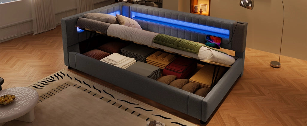 DESMIU Divano letto 90 × 200 cm 1 posto con contenitore idraulico, LED, USB e Type-C, senza materasso, grigio