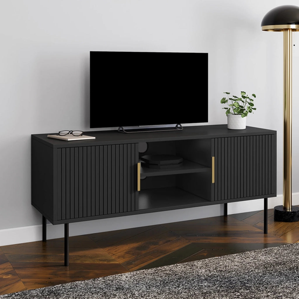 IDMarket - Porta TV MARCEL da 110 cm con 2 ante a doghe in legno nero