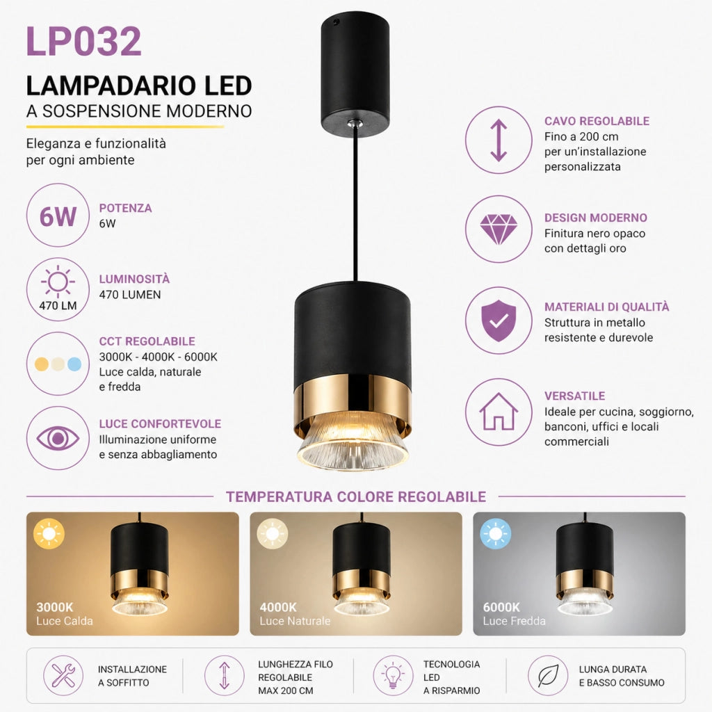 LAMPADARIO LED A SOSPENSIONE MODERNO NERO ORO 6W REGOLABILE 3000K 6000K LP032