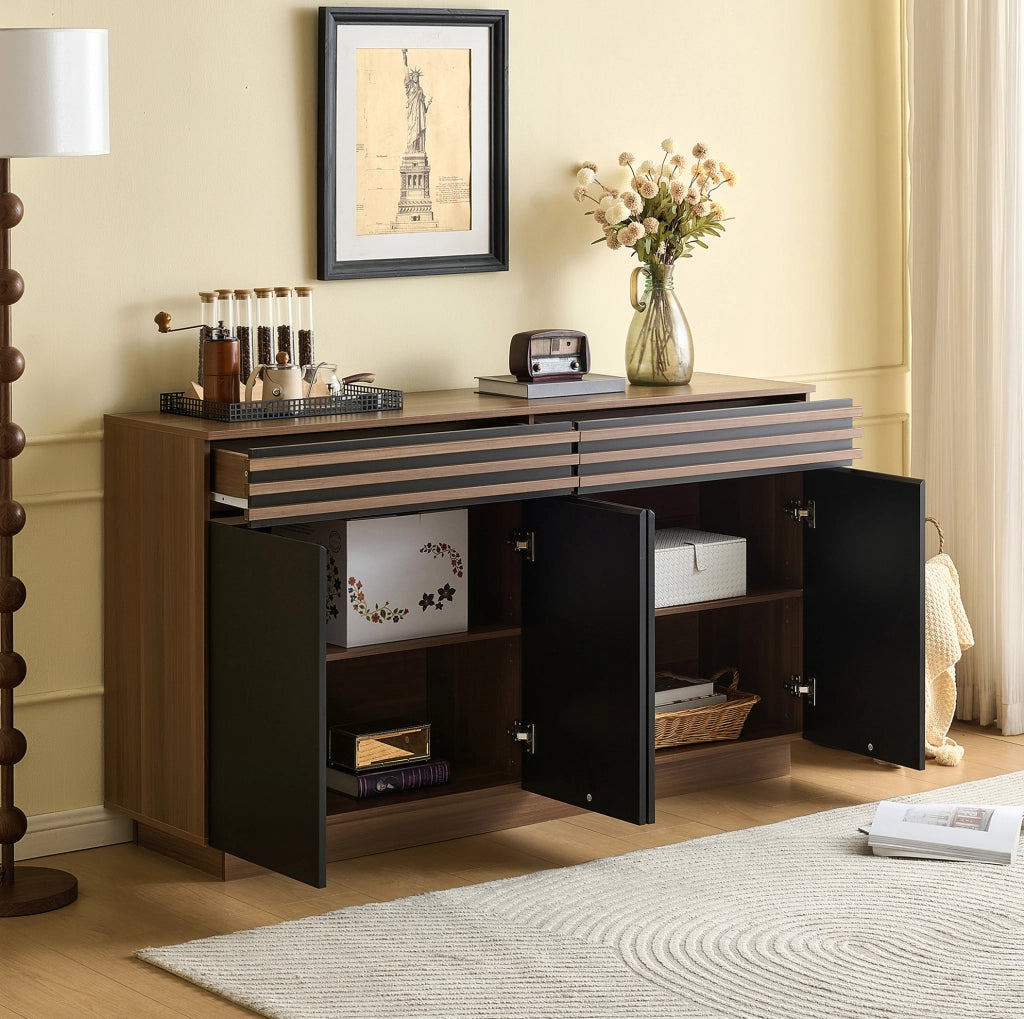 Sideboard moderno 150x40x85 cm in MDF marrone con ante nere, 2 cassetti e 4 porte