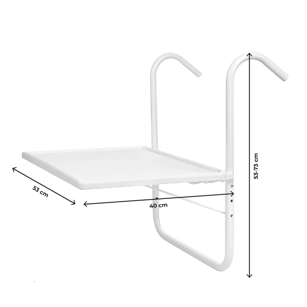 Tavolo da Balcone Pieghevole da Ringhiera 53x40 cm – Tavolino Salvaspazio Regolabile per Esterni, Struttura in Metallo Resistente,Altezza Regolabile per Ringhiera Terrazzo, Giardino e Appartamento  Bianco