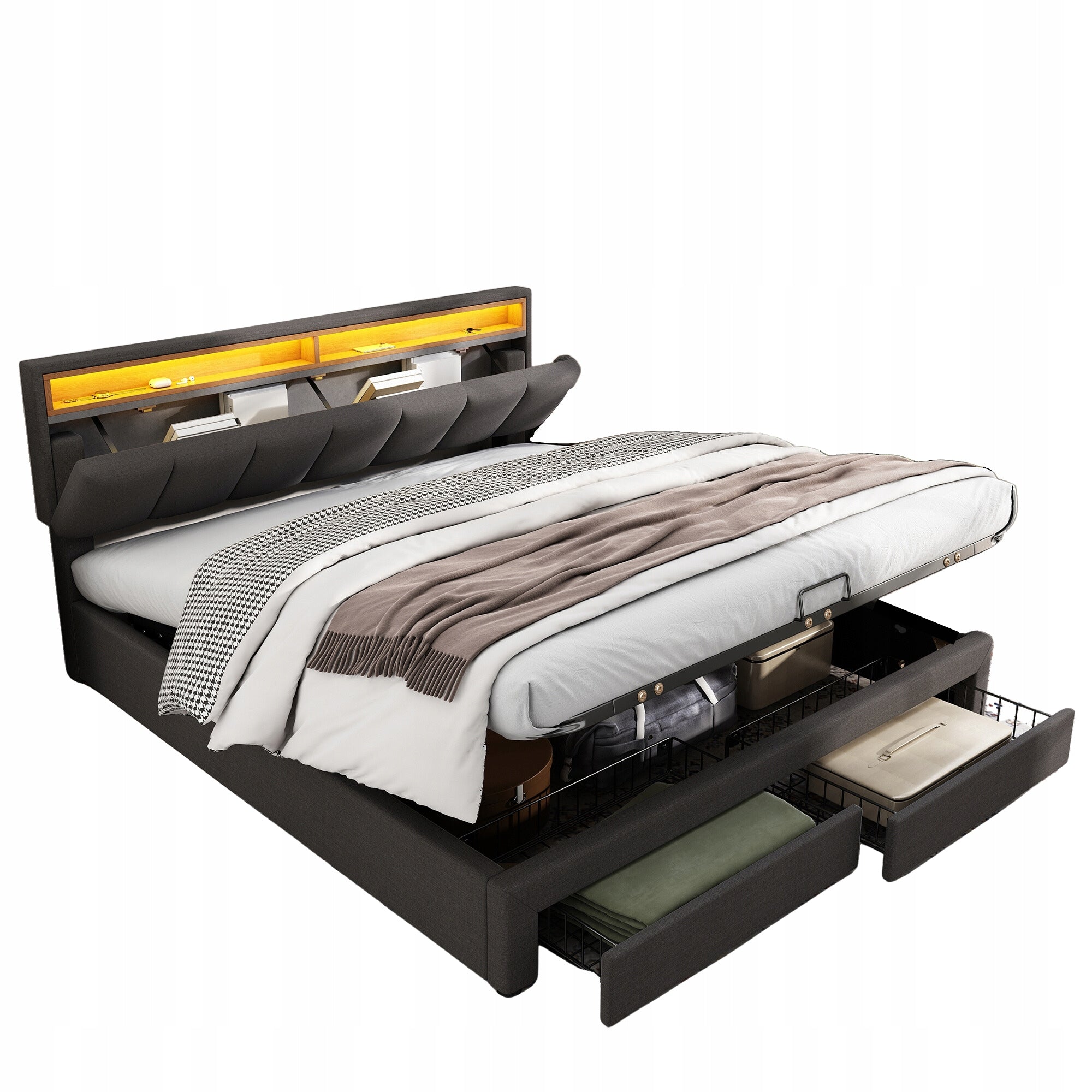 Letto matrimoniale 180x200cm - Xylo - LED, Lniane, Schowek, Szare