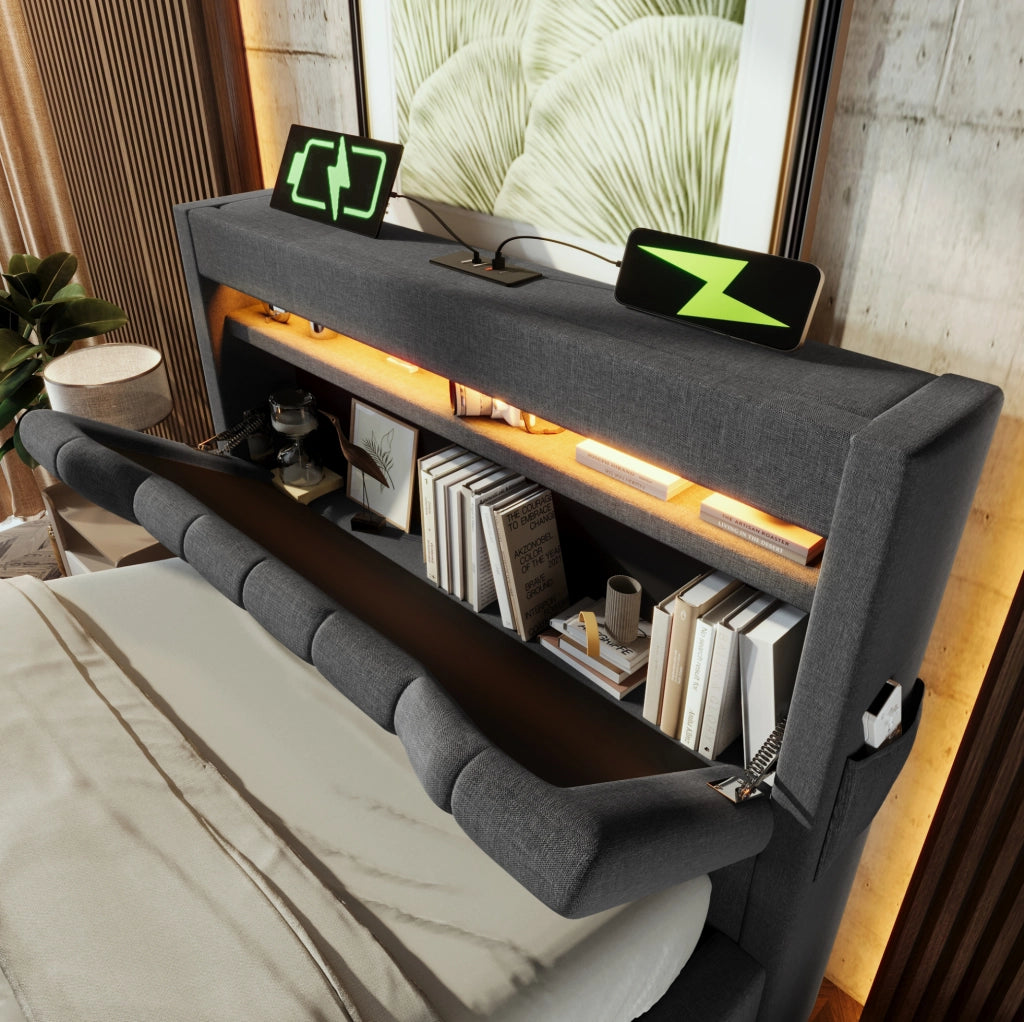 Letto singolo 90x200 con LED, testiera contenitore e porte USB