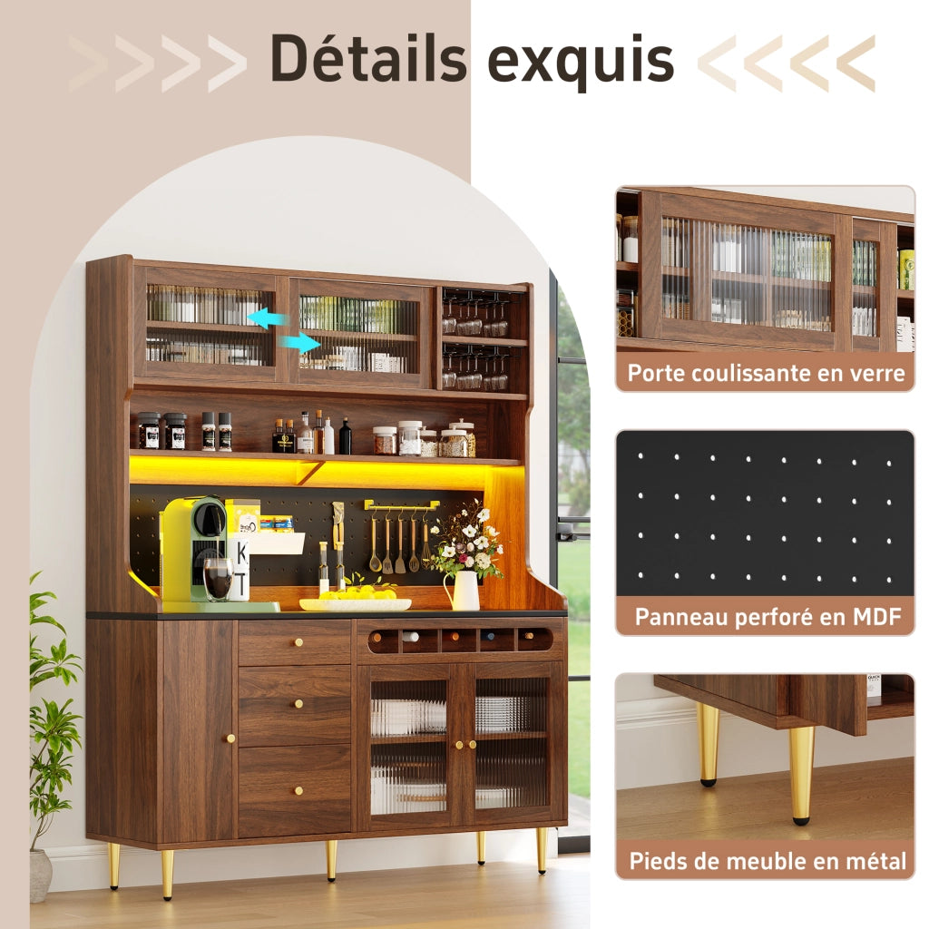 Credenza Alta da Cucina con Ripiani Regolabili; LED USB e Portabicchieri; 145 x 39 x 171 cm