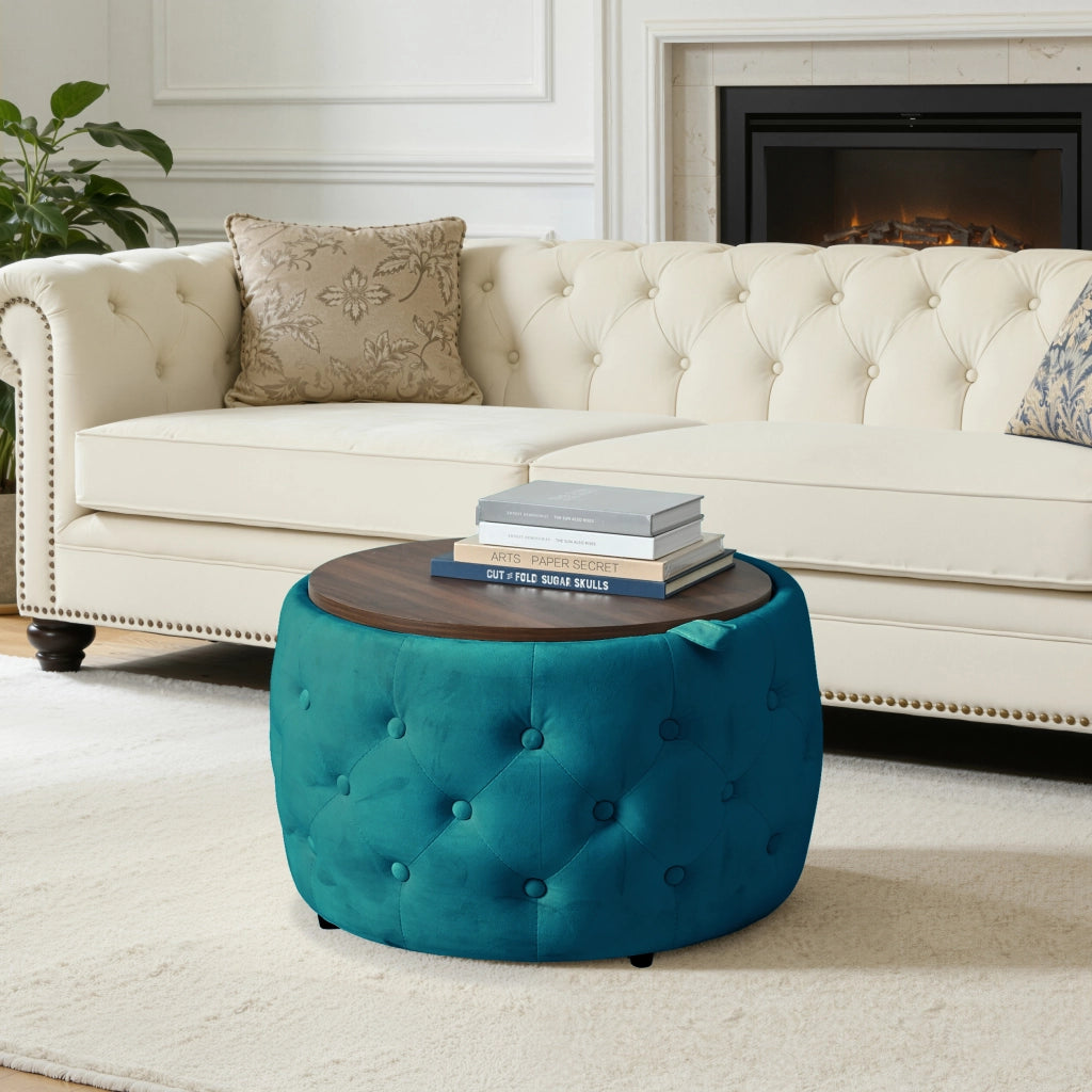 Poltrona pouf contenitore - con vassoio in legno e design impilabile - in velluto blu