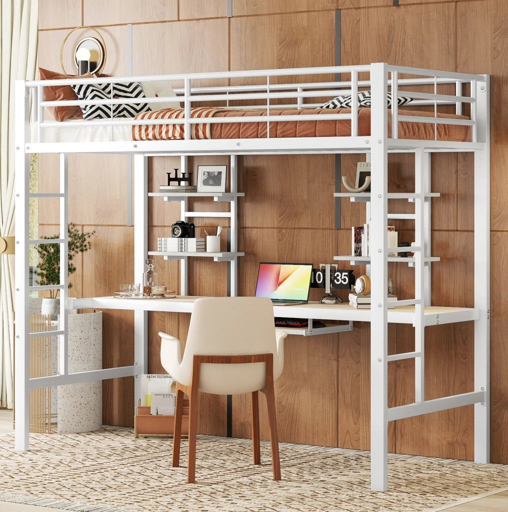 Letto a soppalco 90x200 cm con scrivania e 2 librerie bianco