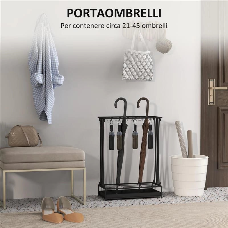PORTAOMBRELLI CON VASCHETTA PER L'ACQUA 21 FORI E 24 GANCI PER OMBRELLO IN ACCIAIO 50X24X68 CM NERO