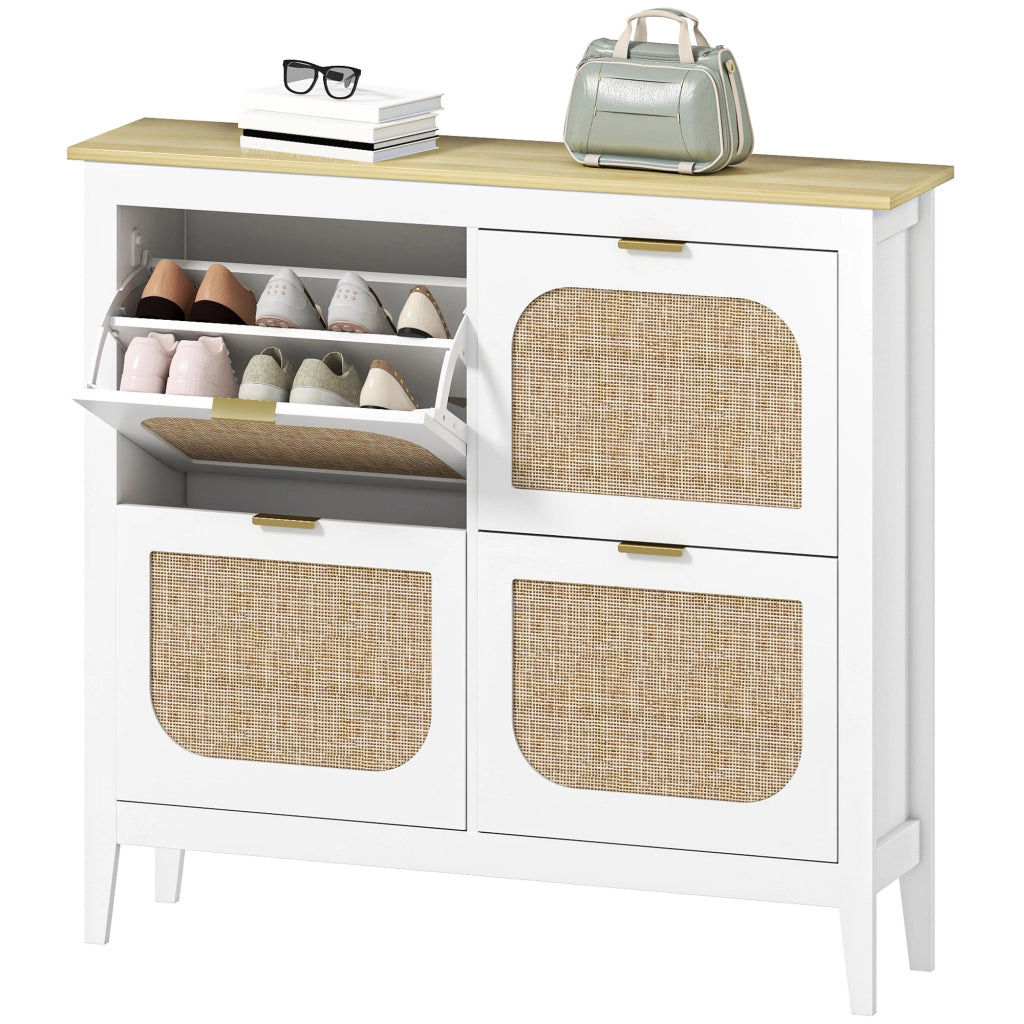 Mobile per Scarpe con 4 Ante in Rattan e Ripiani Regolabili ¨C Zephmum ¨C Bianco 105x24x95,5 cm