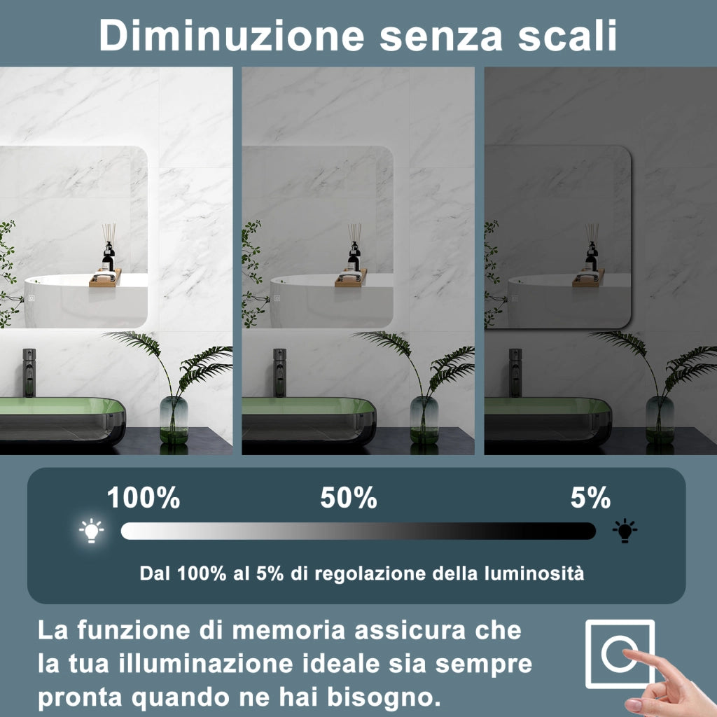 AICA Specchio 100x60cm,Memoria,Regorabile,Retroilluminato,doppio interruttore,HD temperato