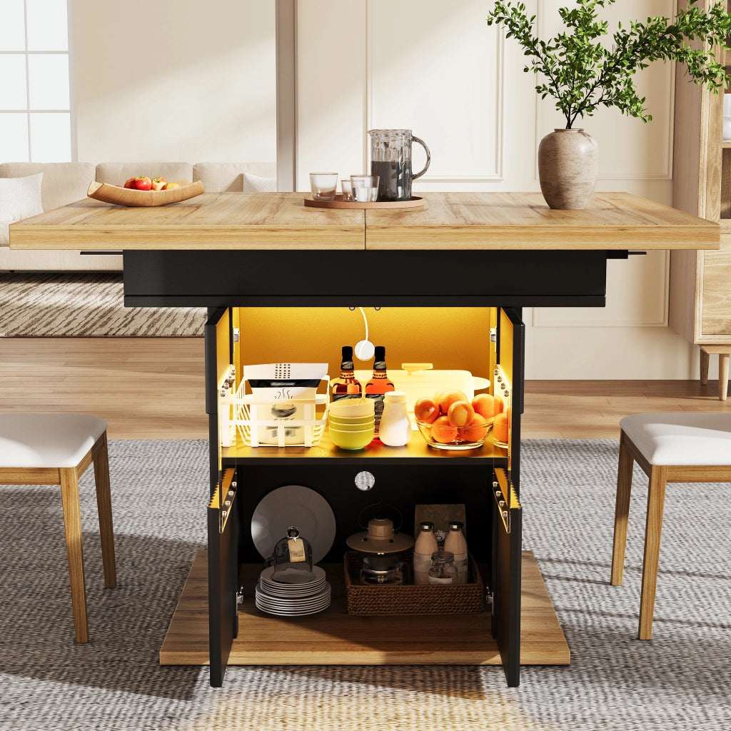 Tavolo da pranzo allungabile con vano contenitore chiuso; ripiano regolabile e illuminazione LED; per cucina e sala da pranzo; 110 × 80 × 76 cm