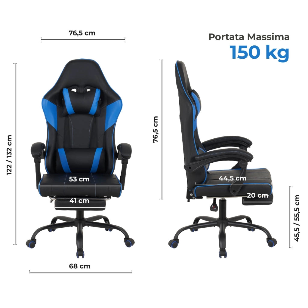 Sedia da Gaming Massaggiante,Sedia Gamer Con Poggiapiedi Telescopico,Reclinabile 90-135°,Poltrona da Gaming con Poggiatesta  Cuscino Lombare,Sedie Da Ufficio,Portata 150kg Blu