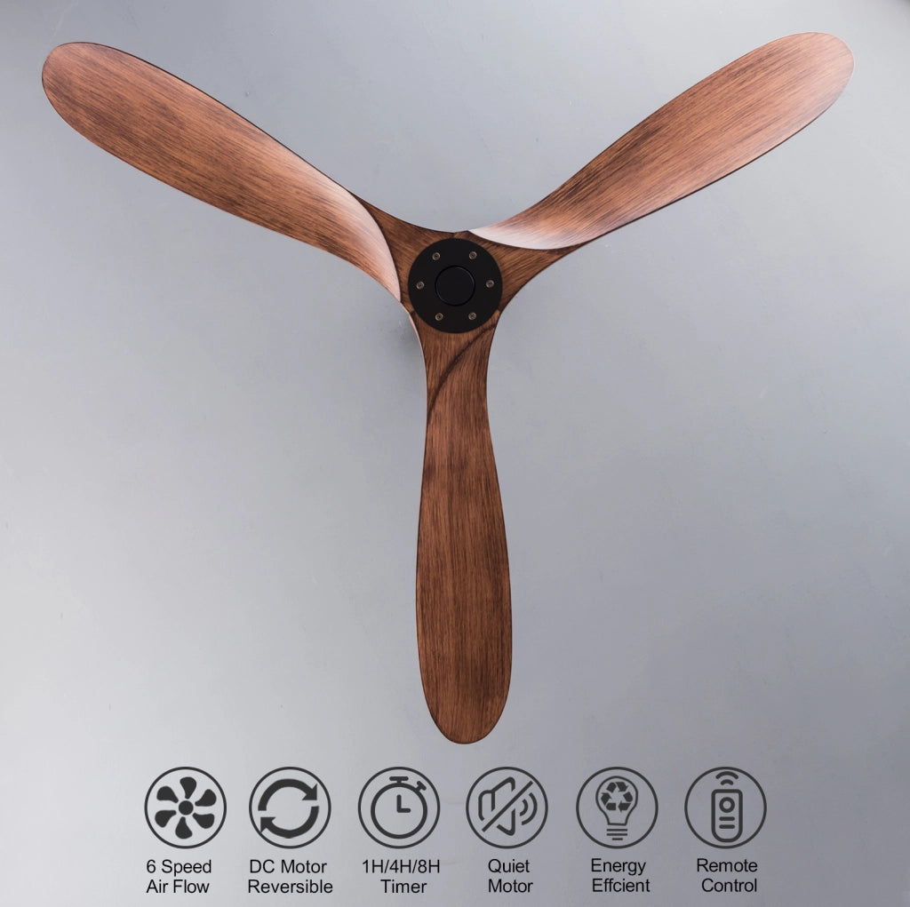 Ventilatore da soffitto 52 pollici senza luce; reversibile; con telecomando; nero e noce scuro