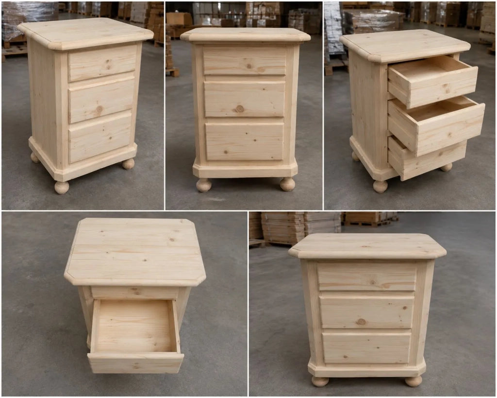 Comodino classico 3 cassetti legno massello abete grezzo 50x38x65 (307) - Mobili 2G