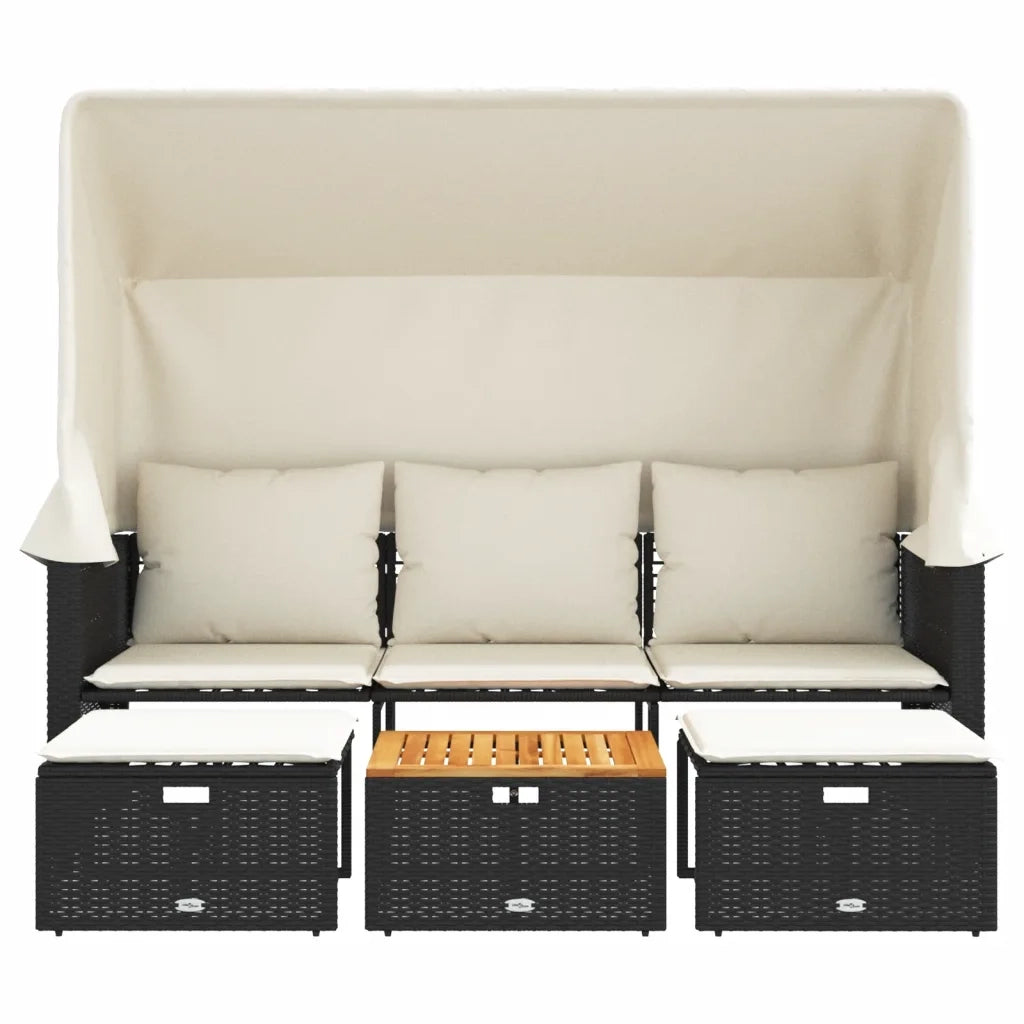 Divano Giardino 3 Posti Baldacchino e Sgabelli Nero Polyrattan