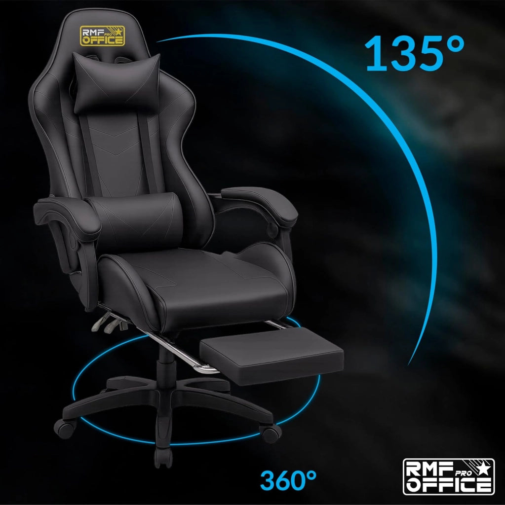 RMF Sedia Gaming Professionale Ergonomica Reclinabile, Poltrona Gaming Seduta Comoda e Rilassante con Poggiapiedi - Sedia per Gamer con Ruote Girevoli, Altezza Regolabile (Nera)
