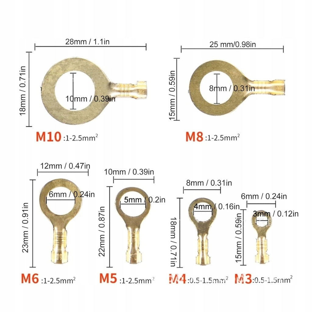Set di Connettori ad Anello M3-M10 – 450 Pezzi in Ottone | Alta Conduttività Elettrica, Resistenza all'Ossidazione