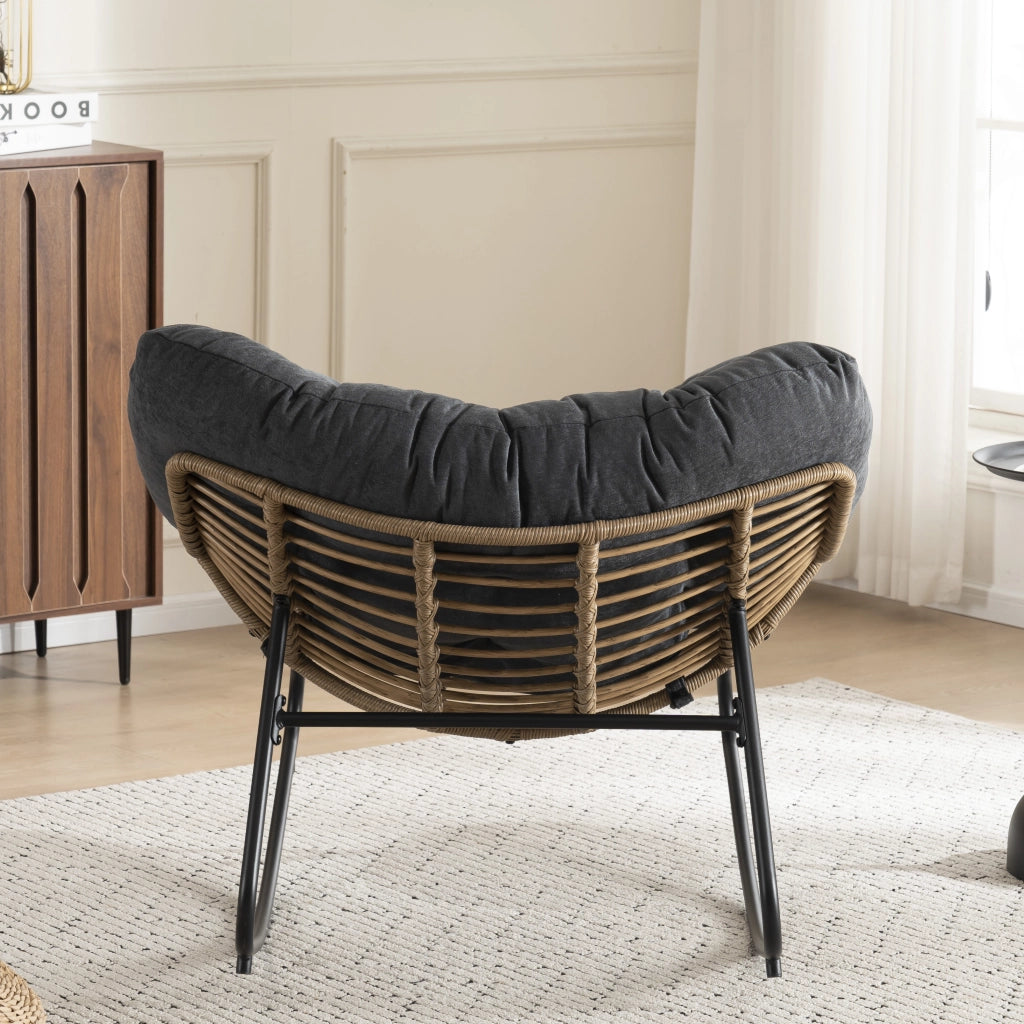 Poltrona a dondolo papasan in ciniglia con struttura ergonomica e funzione relax per soggiorno, camera da letto e terrazzo, nero