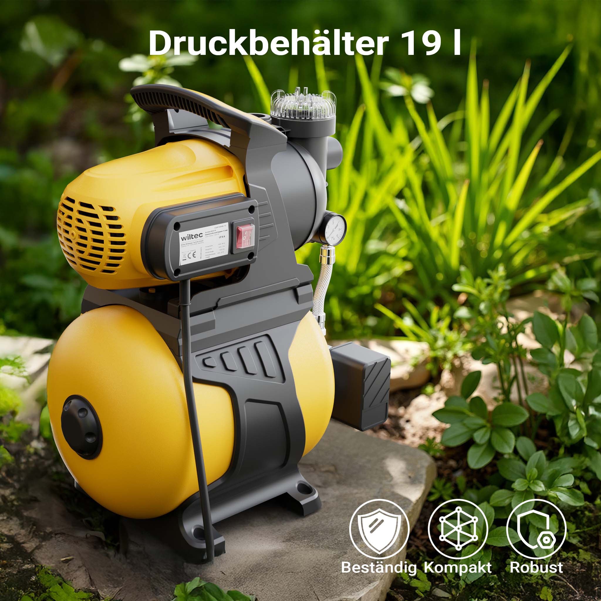 Autoclave con serbatoio uso domestico a membrana, 19 l, 1000 W, pompa per acqua automatica da 3500 l/h con pressostato e prefiltro, prevalenza 44 m, profondità di aspirazione di 8 m