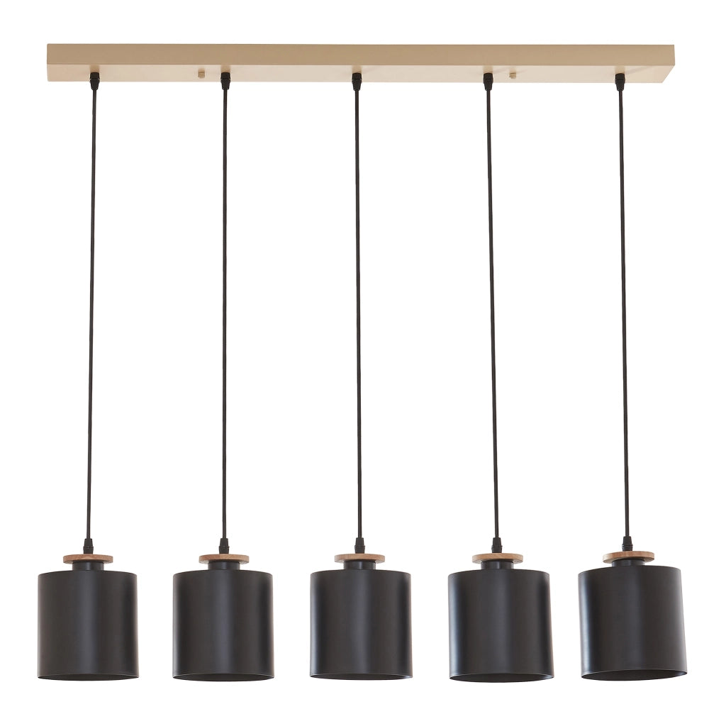 Lampada a Sospensione Posdand con 5 Paralumi in Metallo - color Legno / Nero lux.pro